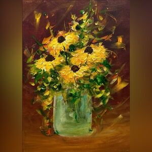 FLORAL ARTWORK ORIGINAL ACRYLIC BLACK EYED SUSAN PAINTING 16 x 12 inch